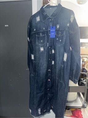 Womens Distressed Long Denim Jacket Coat - Dark Blue